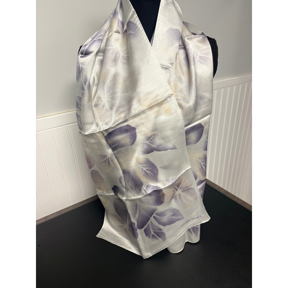 Ellen Tracy Silk Scarf Purple Gold Floral Silver Grey Oblong 58x15 100% Silk
